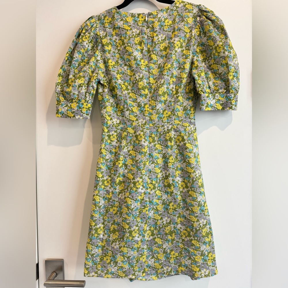 Urban Revivo Petra Yellow Retro Floral Wrap Puff Sleeve Mini Dress - Picture 2 of 6